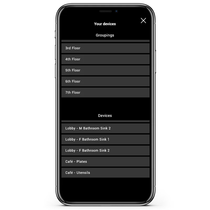 GermScan app example showing floor groups and named devices